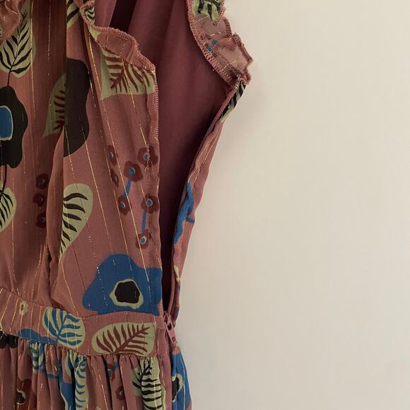 Modcloth Ruffled Floral Midi Dress Womens Small Mauve Purple Metallic Tiered - Picture 10 of 13